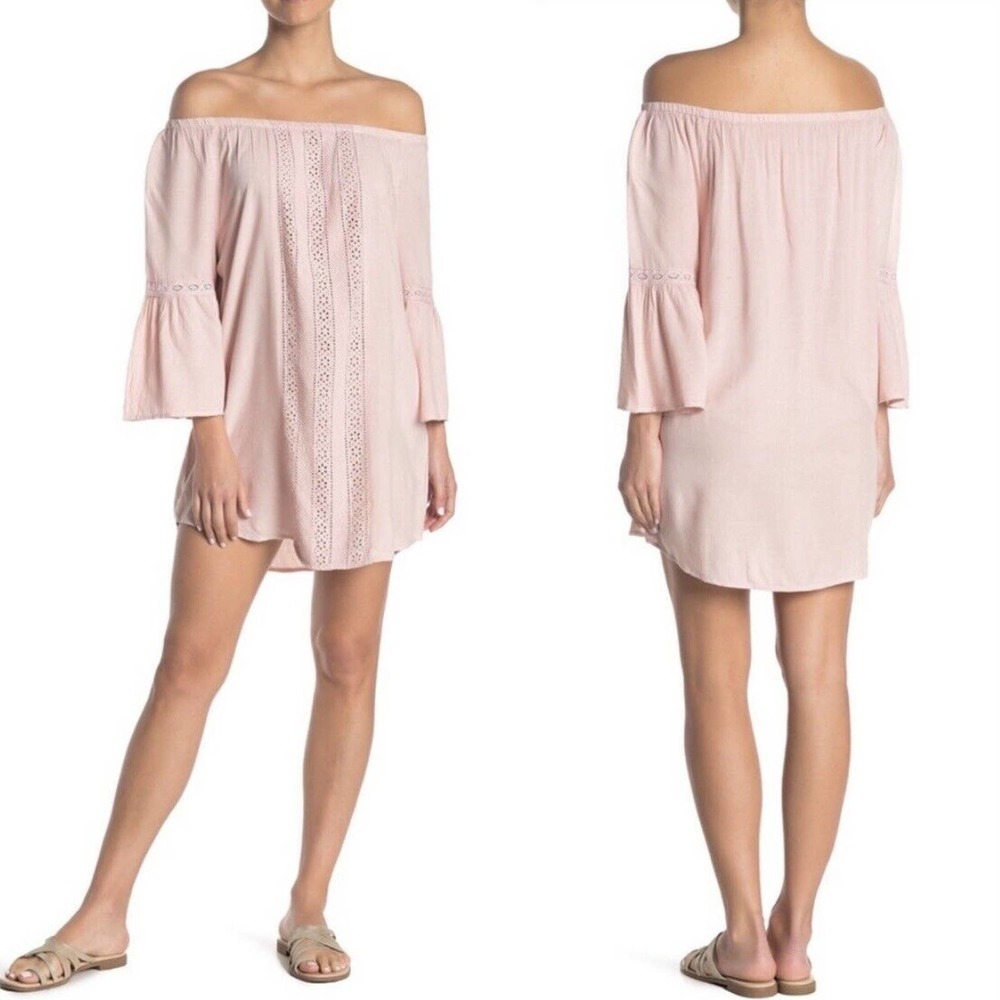 Splendid Long Lines Off Shoulder Pale Pink Mini Dress Sz S Eyelet Tunic